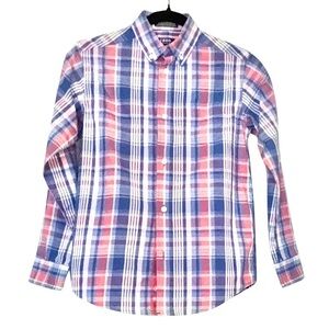 Izod Boys Button Down Shirt Plaid Blue, Pink and White Size M Classic Design